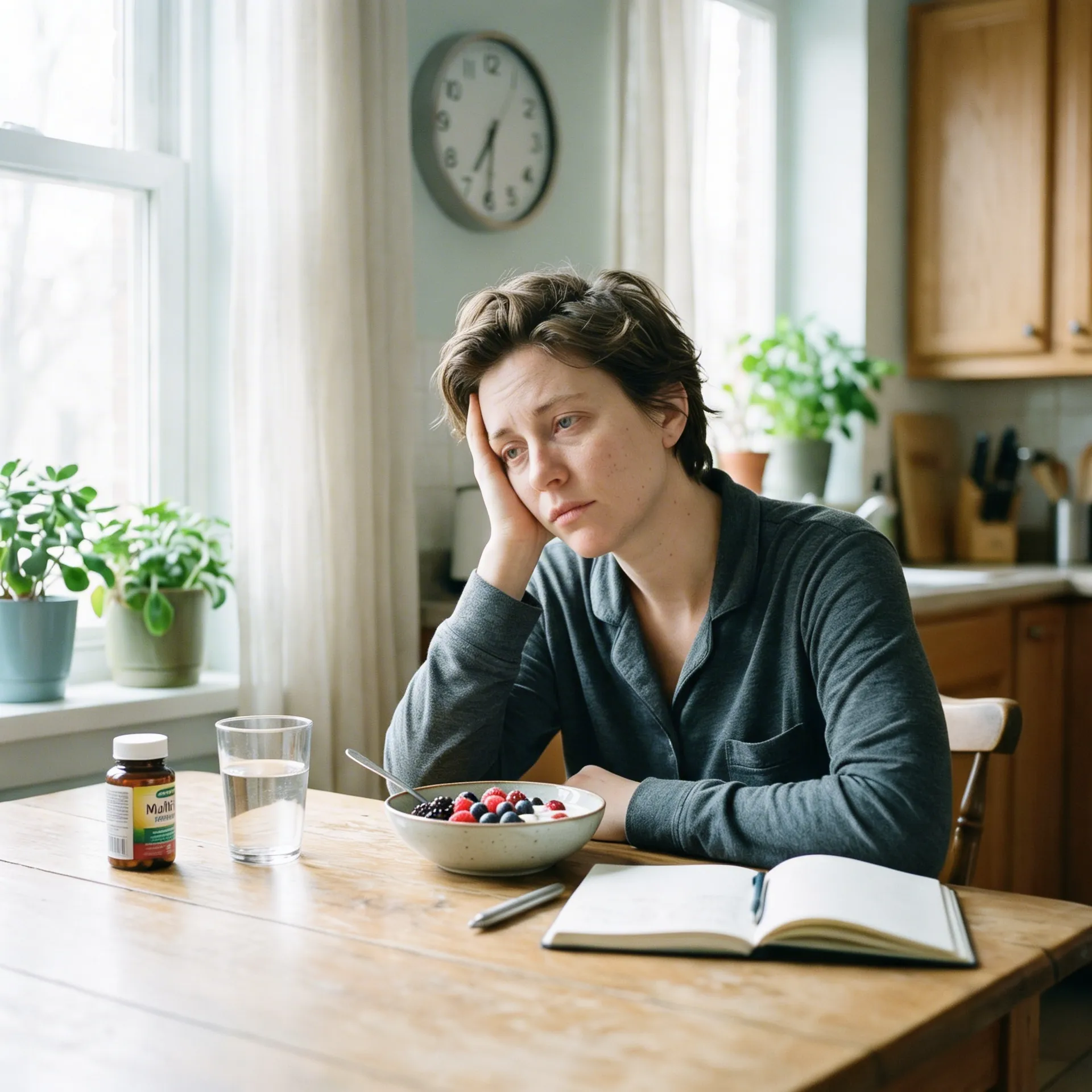 Vrouw aan de keukentafel, moe ondanks een gezonde routine